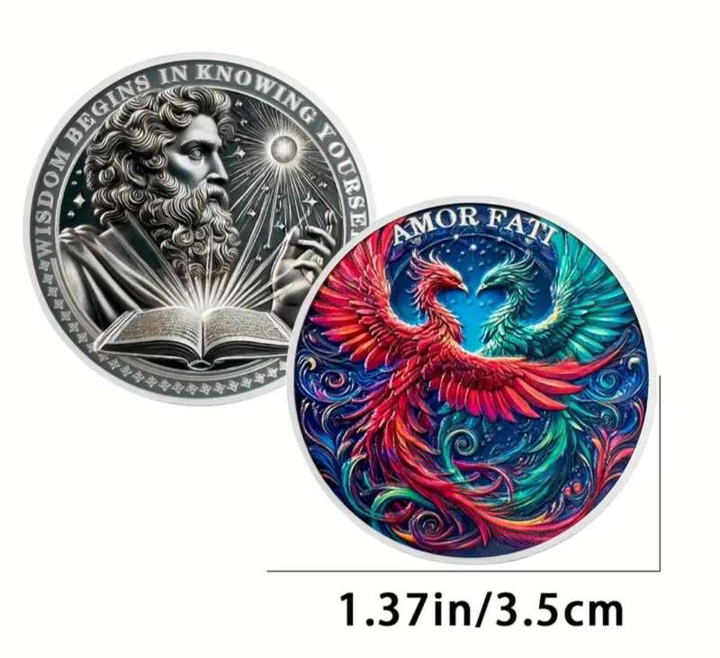 Amor Fati  Wisdom Begins in Knowing Yourself Silver Plated Commemorative Coin New in Capsule. Great