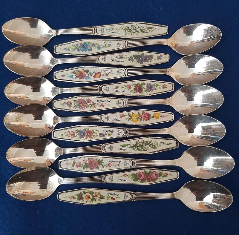 Royal Albert silver plated Flower of the Month teaspoon set of 12.