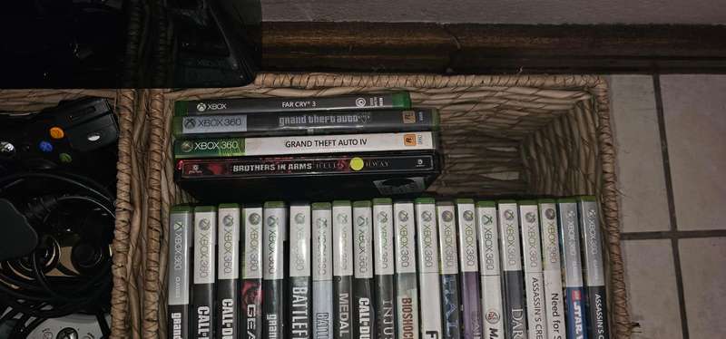 Xbox 360 Slim 250GB Console with 5 Remotes and 24 Games
