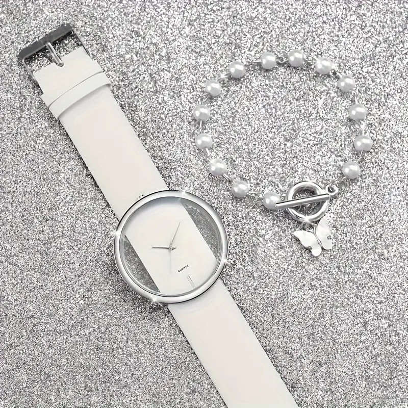2 Pcs Round Quartz Watches PU Leather Strap Alloy Pointer Alloy Dial And Rhinestone Bracelet