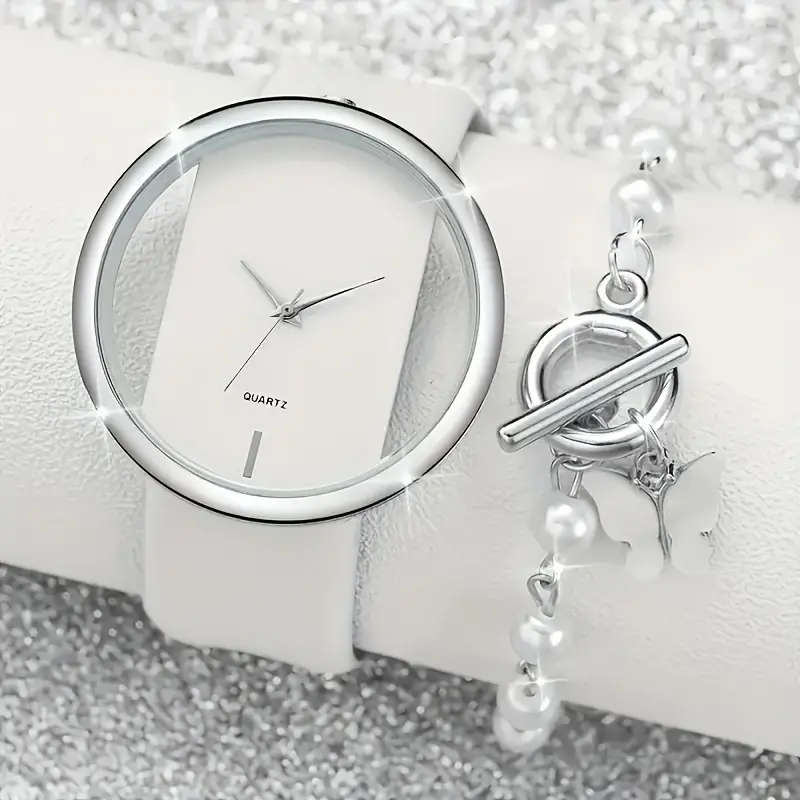 2 Pcs Round Quartz Watches PU Leather Strap Alloy Pointer Alloy Dial And Rhinestone Bracelet