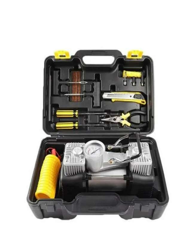 Double Cylinder Air Compressor With Emergency Tyre Repair Kit