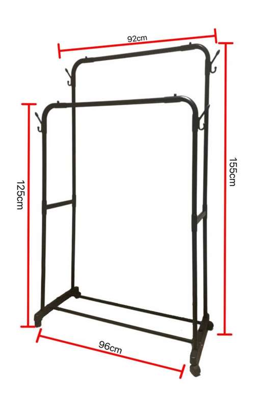 Wheeled Removable Double Pole Clothes Drying Rack- Black