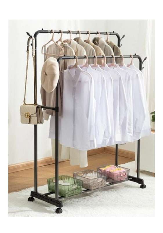 Wheeled Removable Double Pole Clothes Drying Rack- Black