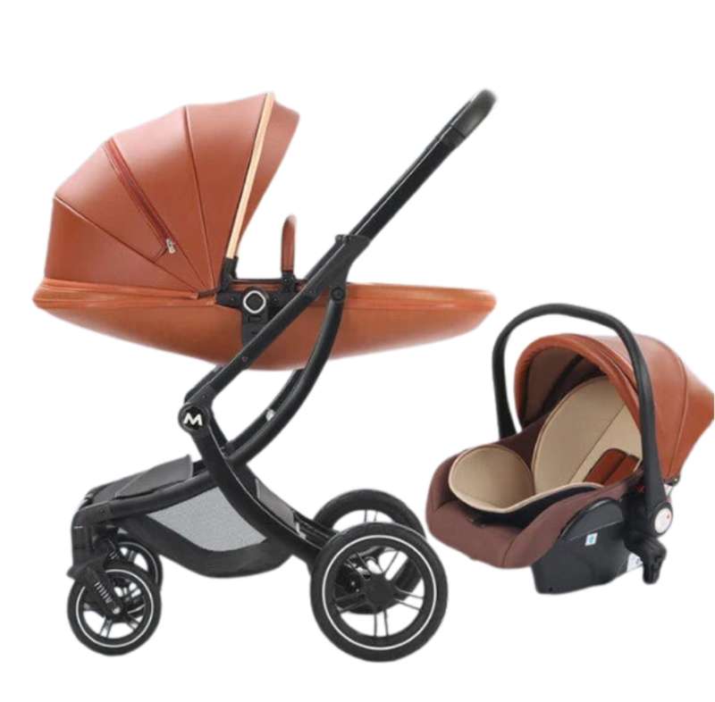 360 Rotation Function Pram PU Leather With Car Seat