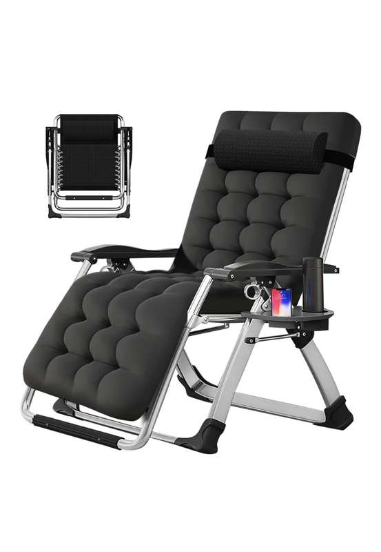 Folding Recliner Lounger Chair With Detachable Cushion And Cup Holder