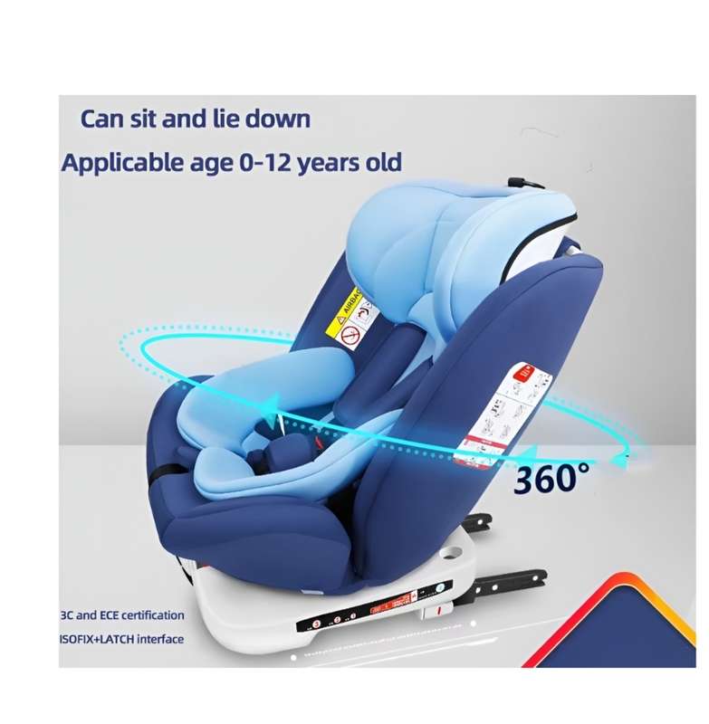 360-Degree Rotating Portable Baby Car Seat with Adjustable Recline