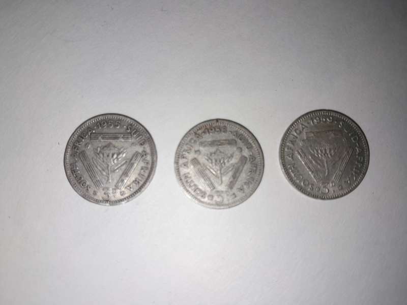 South Africa 3 Pence 1955, 1956 & 1959 Coin (Three coins in total)