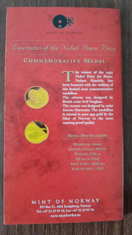 1/10oz Gold Proof Nelson Mandela Commemorative Medal coin (Red cover)