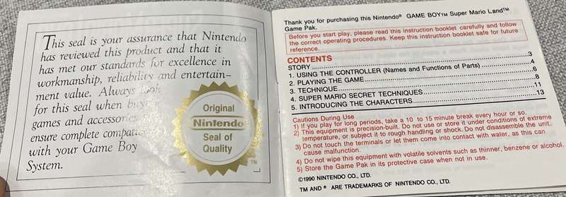 Vintage Nintendo Gameboy GB Super Mario Land Instruction Manual Only