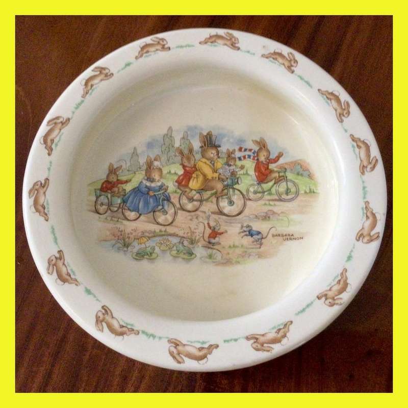 Signed Large Royal Doulton Bunnykins Family Cycling Bowl!