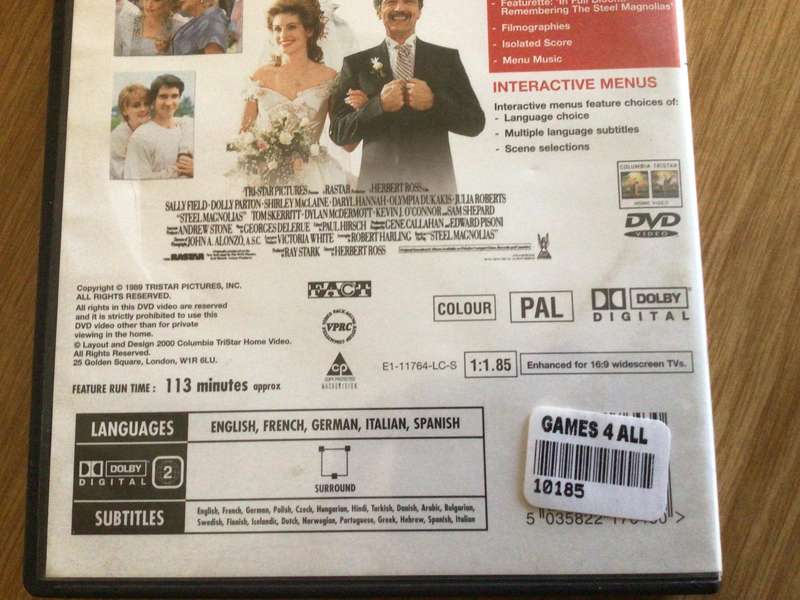 STEEL MAGNOLIAS movie DVD starring Dolly Parton, Julia Roberts, Sally Field