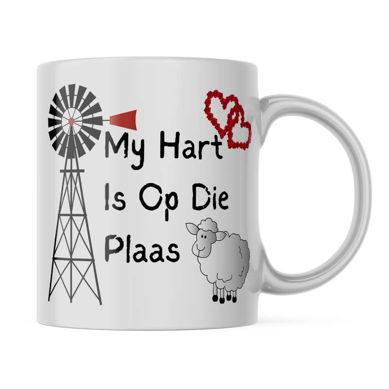 Printed White Ceramic Mug: Hart op Plaas