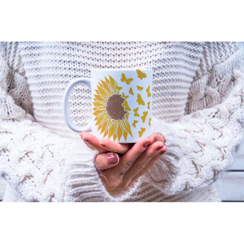 Printed White Ceramic Mug: Flower Butterlfy