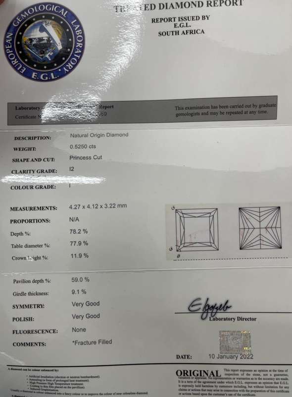 18ct White Gold 0.5250ct Diamond Solitaire Princess cut - Evaluation R38 900