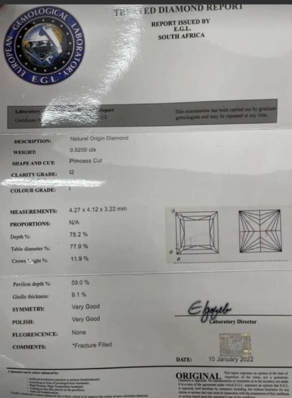 18CT White Gold 0.5250 CT Diamond Solitaire Princess Cut Ring(US6.5/UK M) - Evaluation R38900