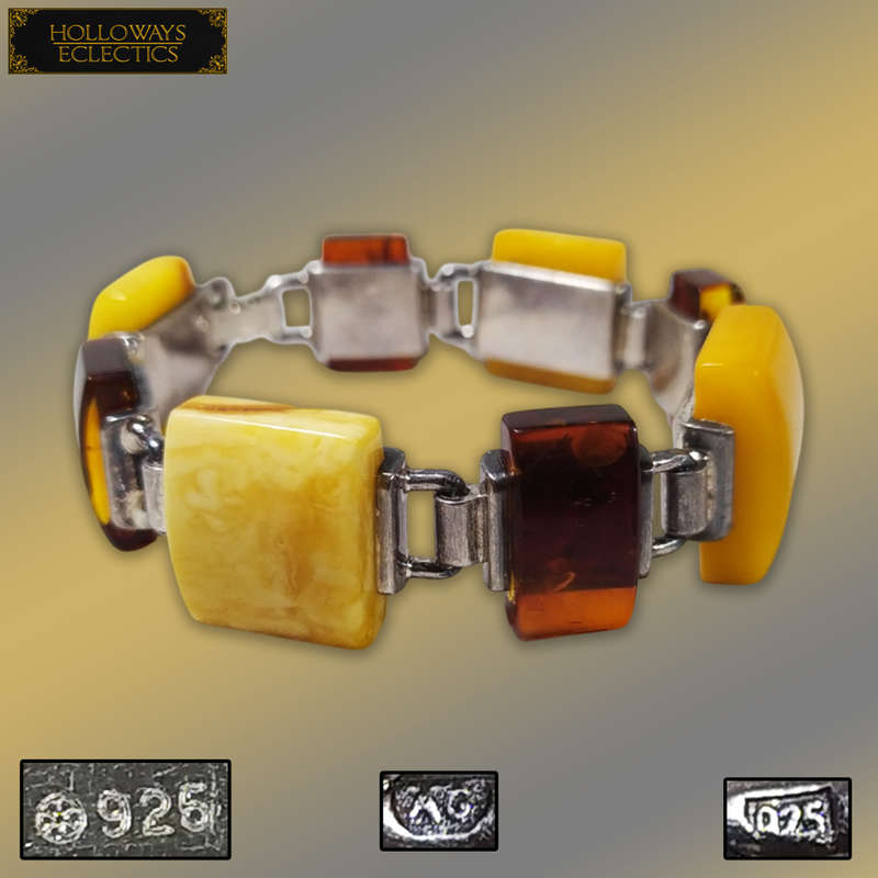 Vintage Natural Baltic Amber And 925 Sterling Silver Bracelet