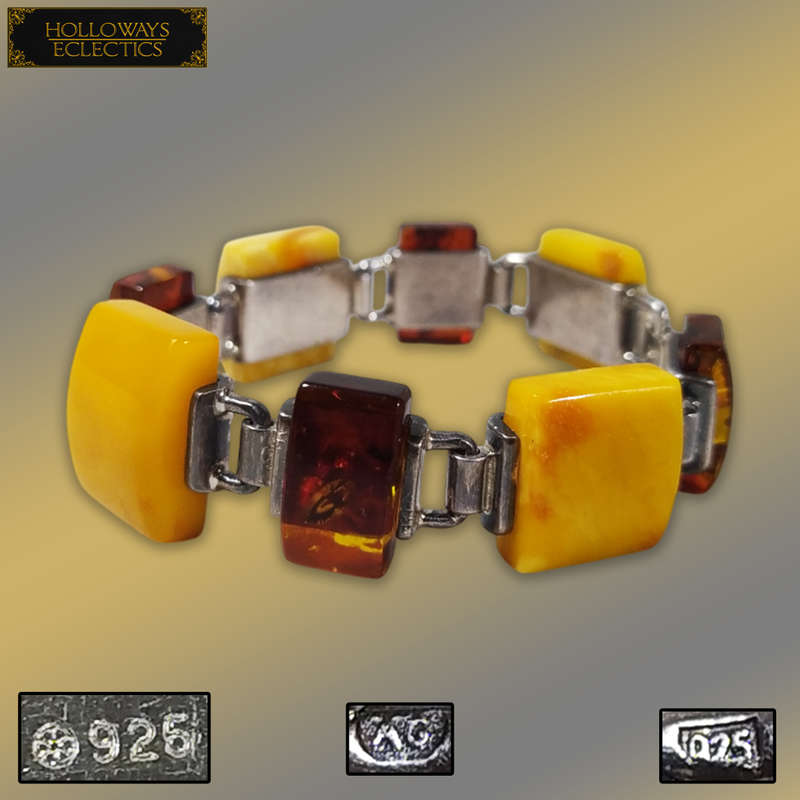 Vintage Natural Baltic Amber And 925 Sterling Silver Bracelet
