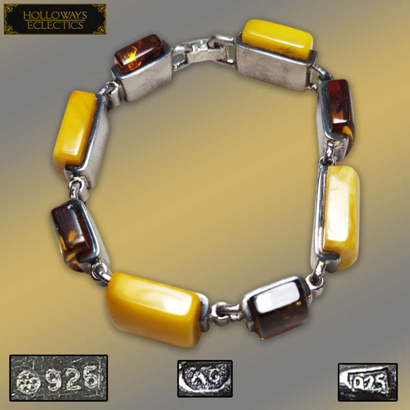 Vintage Natural Baltic Amber And 925 Sterling Silver Bracelet