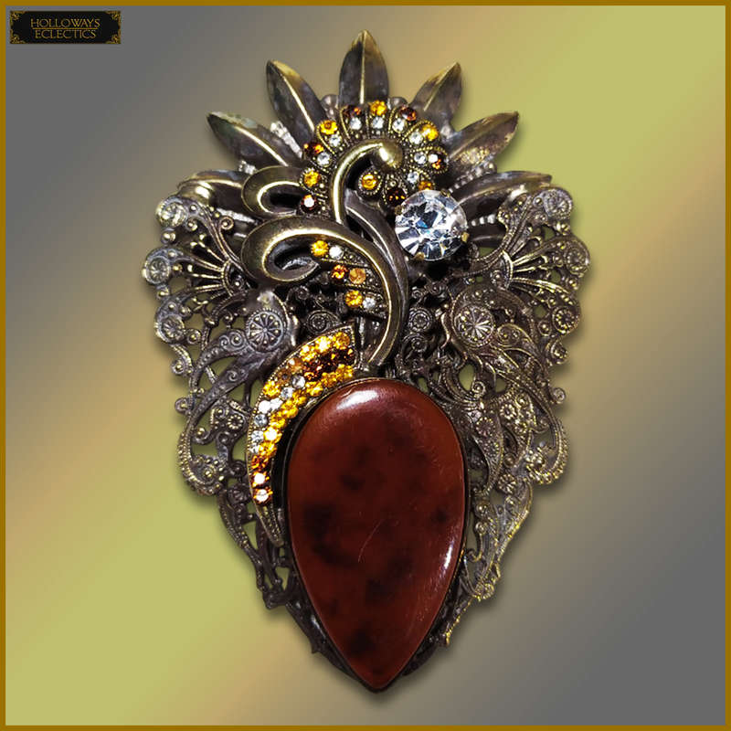 Vintage Brooch With Glass And Amber