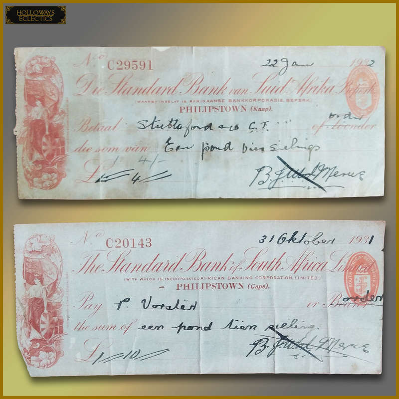 Vintage Framed Standard Bank Cheques