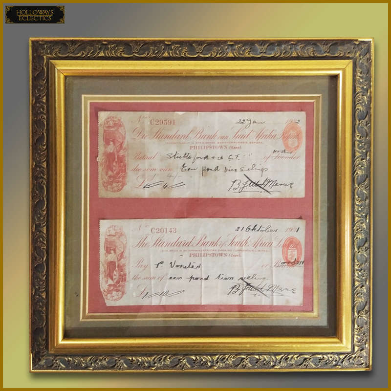 Vintage Framed Standard Bank Cheques