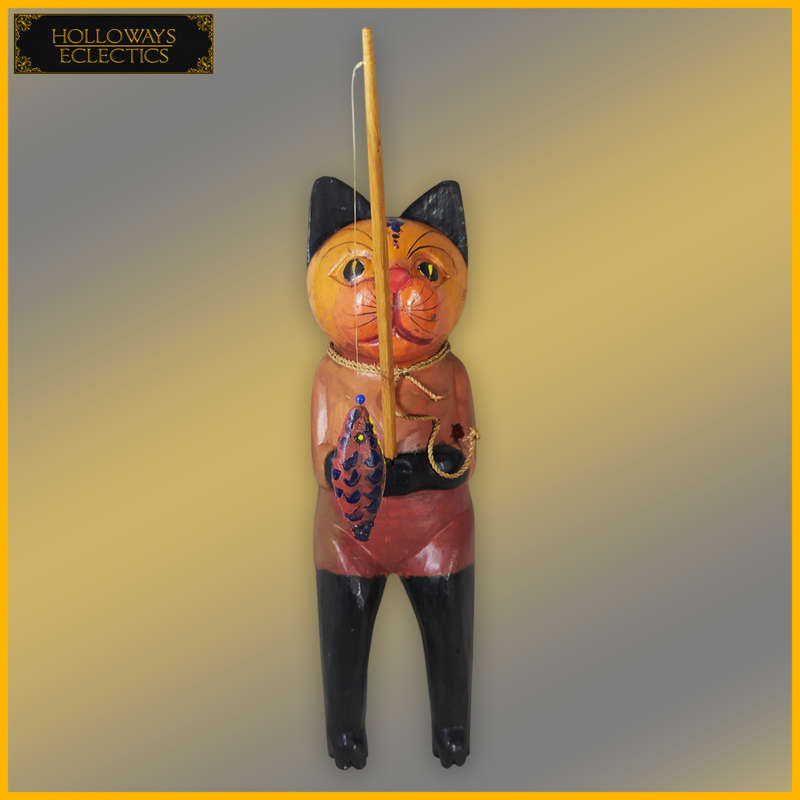 Wooden Cat Fishing Sculpture
