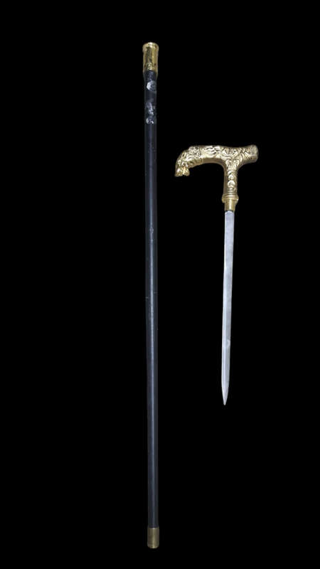VINTAGE STEEL AND BRASS WALKING CANE WITH HIDDEN BLADE