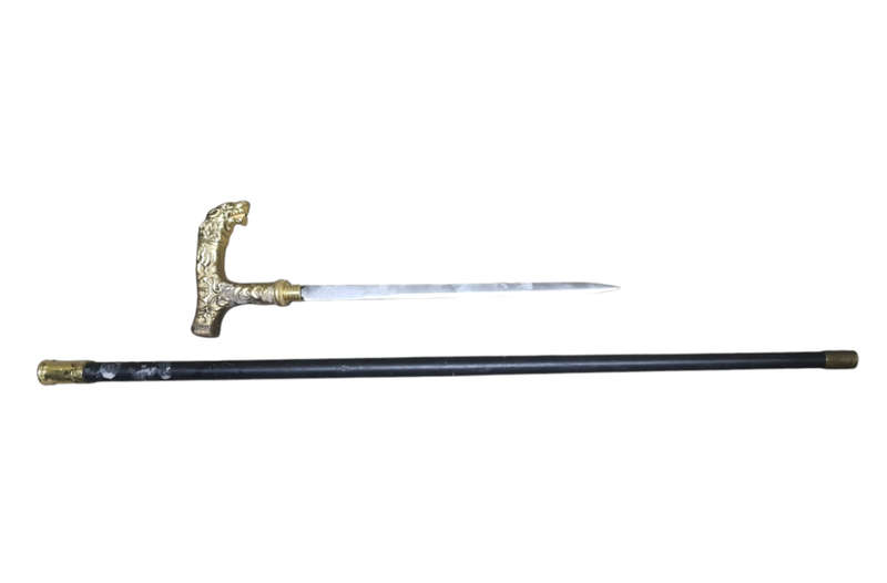 VINTAGE STEEL AND BRASS WALKING CANE WITH HIDDEN BLADE