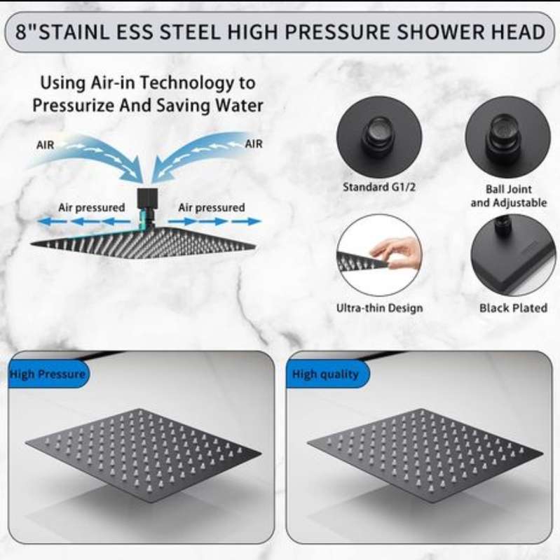 High Pressure Ultra-Thin Rainfall Shower Head - 25cm Square