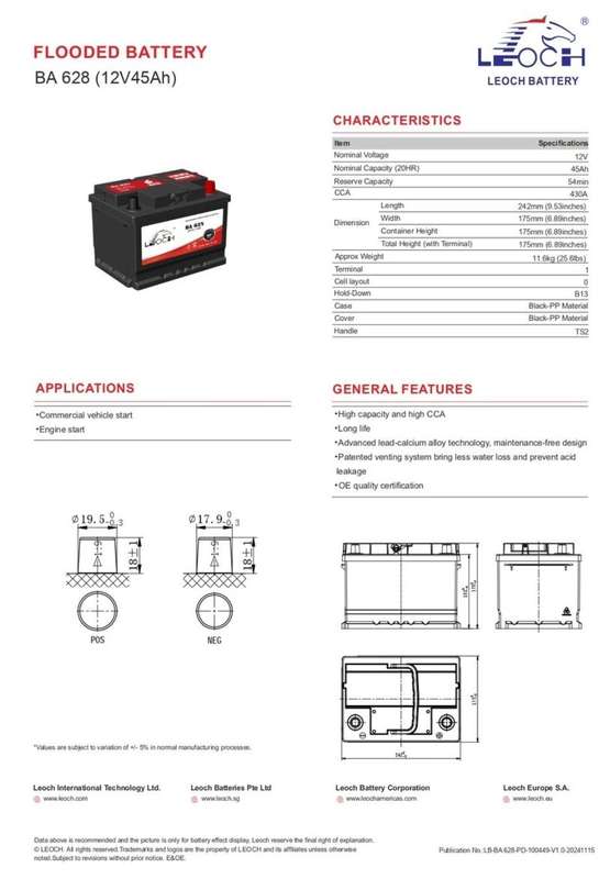 Leoch 12V 45Ah BA628 430A Flooded Maintenances-Free Car Battery