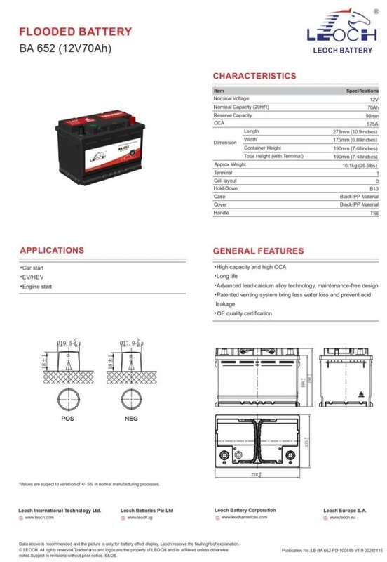 Leoch 12V 70Ah BA652 560A Flooded Maintenances-Free Car Battery
