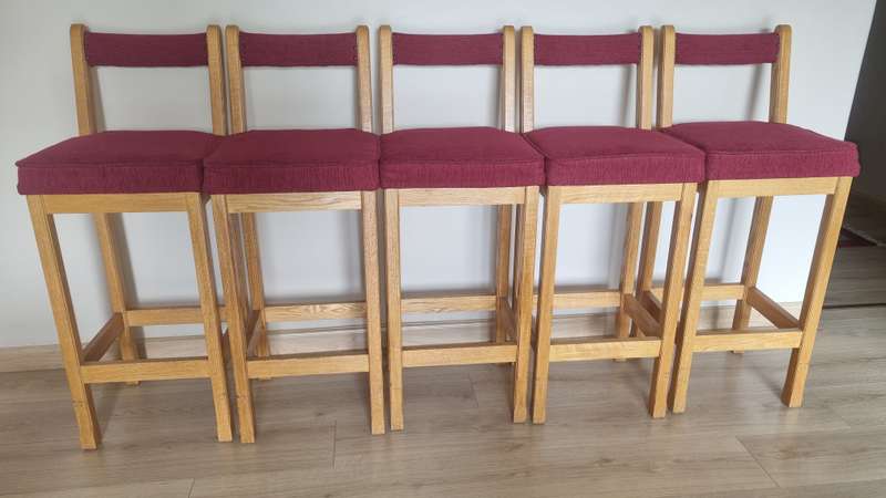 Solid wood high back bar chairs (5 of). Upholstered seat and back - SALE