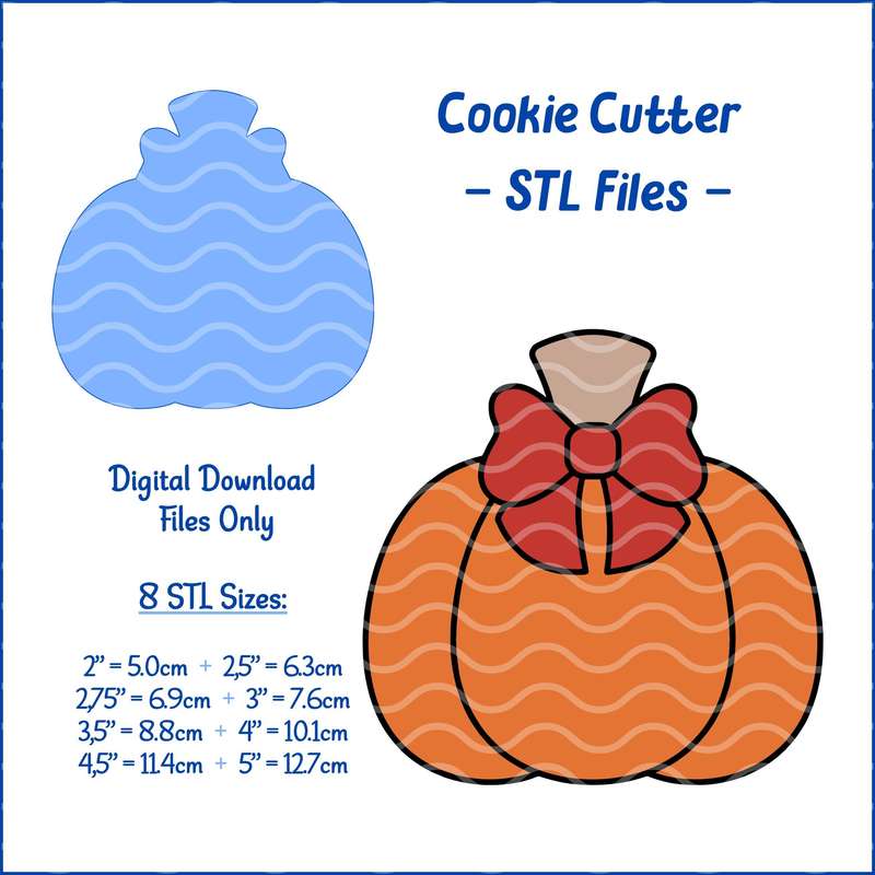 Digital Product - Pumpkin with Bow - Fall / Thanksgiving - 8 STL Cookie cutter files only