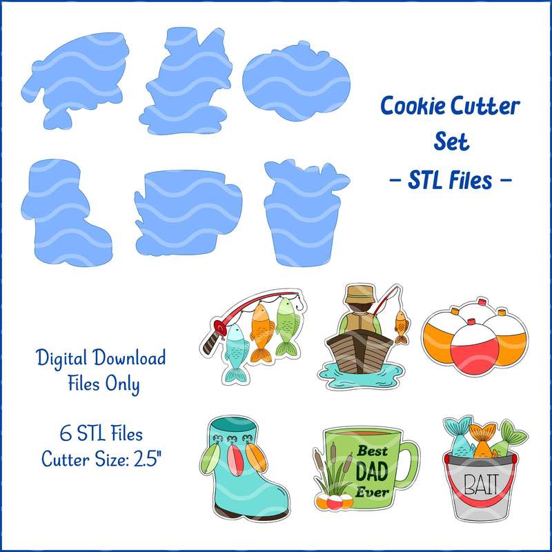 Digital Product - 2.5"/6.3cm Father's day - Fishing - Cookie Cutter STL File Set 01 -6 STL file only