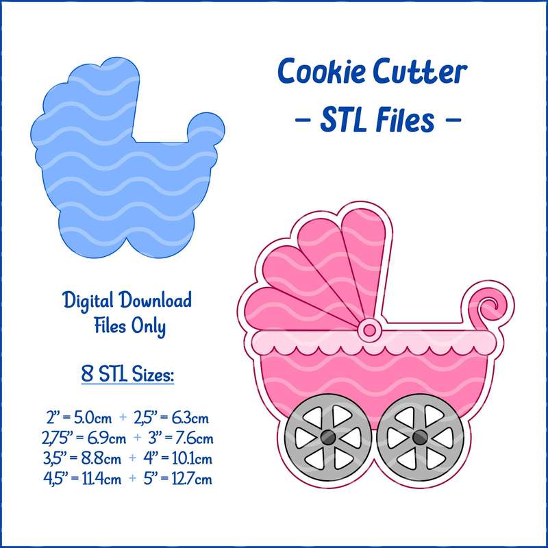 Digital Product - Baby Stroller - Baby Shower - 8 STL Cookie cutter files only