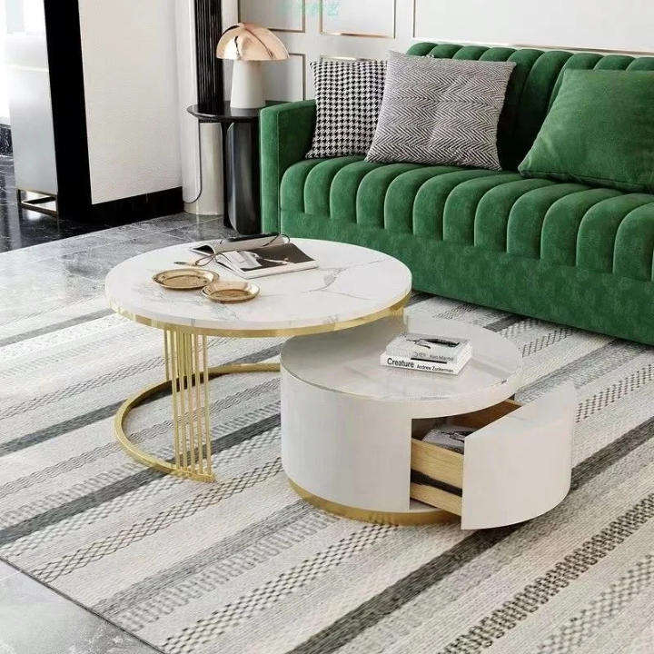 Modern 2 Piece Round Double Storage Marble Nesting Coffee Table Set