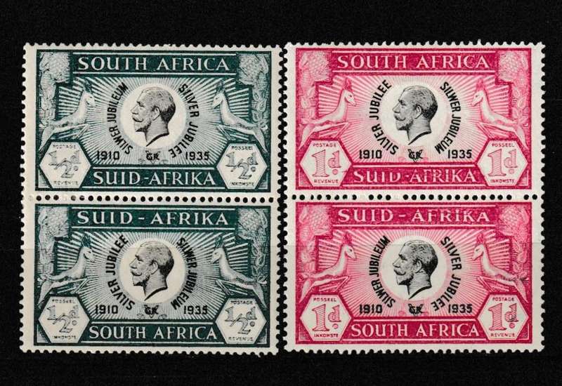 UNION 1935 SILVER JUBILEE 2 X PAIRS ,1d VARIETY LINE THROUGH SUID AFRIKA BOTH STAMPS ,VF !