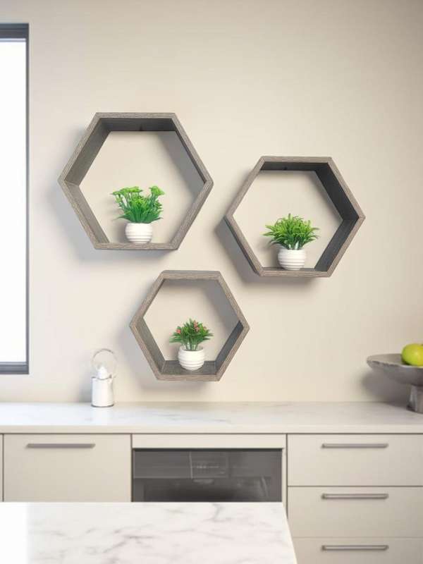 Set of 3 Solid Hexagonal Wall Shelves  Modern Floating Shelves
