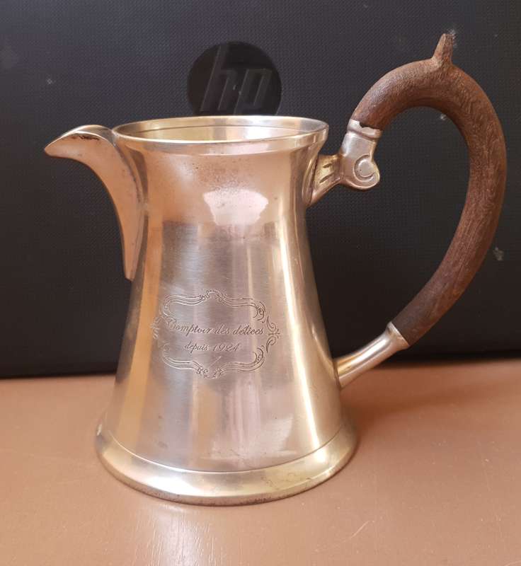 Vintage French SP on Copper luxury Coffe Pitcher Marked - Comptoir des Delices Depuis 1924.