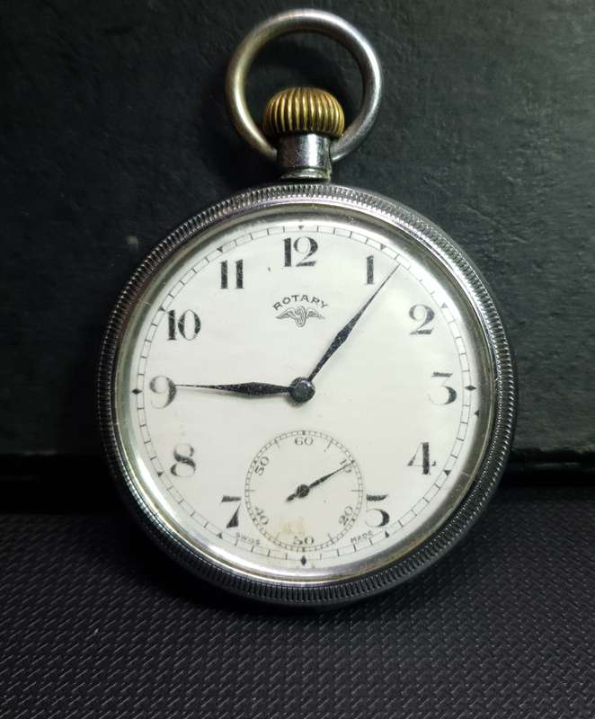 Vintage Rotary 15 Jewel Swiss made Railroad grade pocket watch in good working condition.