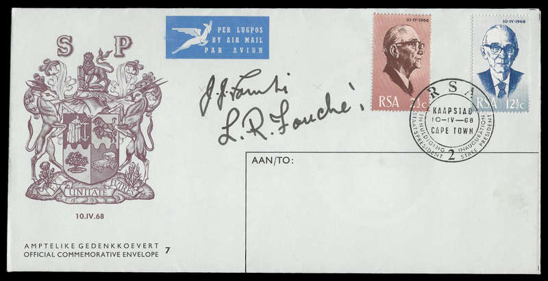 1968 FDC No.7 Signed by the RSAs second State President Jacobus Johannes ('Jim') Fouché as ...