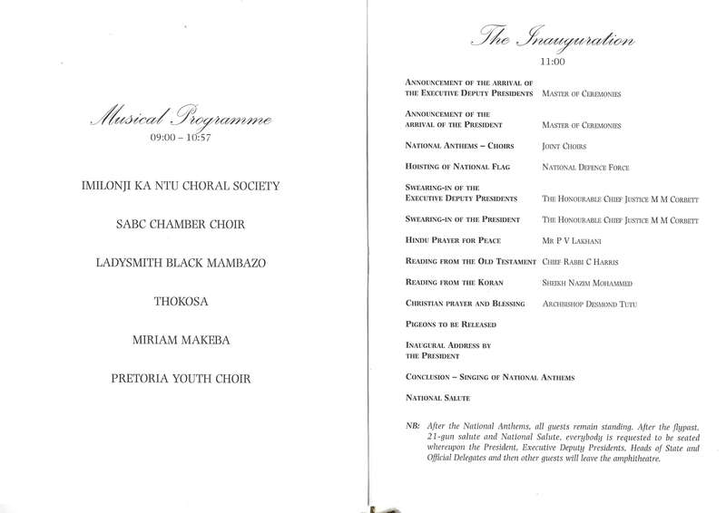 Mandela Inauguration Ceremonies Programme, with Mandela Signature