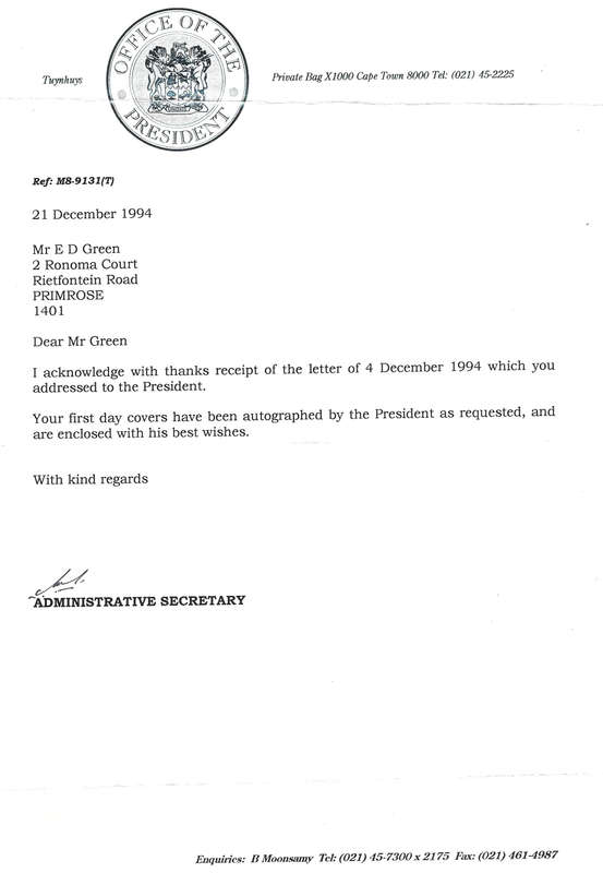 ONE OF THE MOST RARE COVERS - GENUINE SIGNATURE OF MANDELA WITH Copy of a letter from Pres. Office