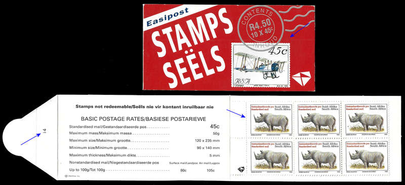 RSA 1993 AVIATION BOOKLET WITH RHINO STAMPS, LATIN HARRISON PAPER FULLY PERFED STATION 14
