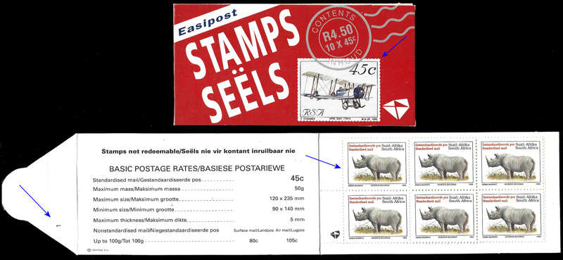 RSA 1993 AVIATION BOOKLET WITH RHINO STAMPS, LATIN HARRISON PAPER FULLY PERFED STATION 1
