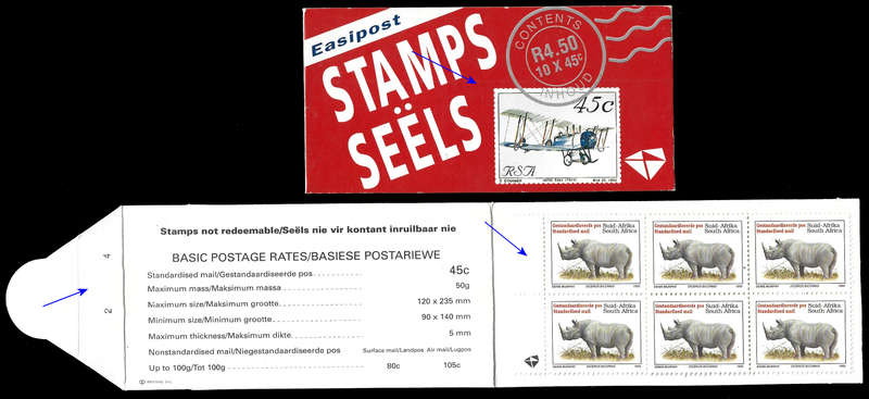 RSA 1993 AVIATION BOOKLET WITH RHINO STAMPS, LATIN HARRISON PAPER FULLY PERFED STATION 24