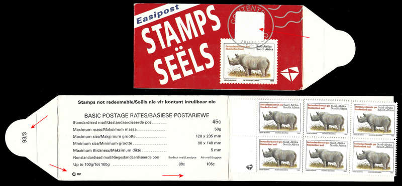 RSA 1993 RHINO BOOKLET WITH WHITE STICKER BY PBF FLAP 93/3 LATIN FULLY PERFED