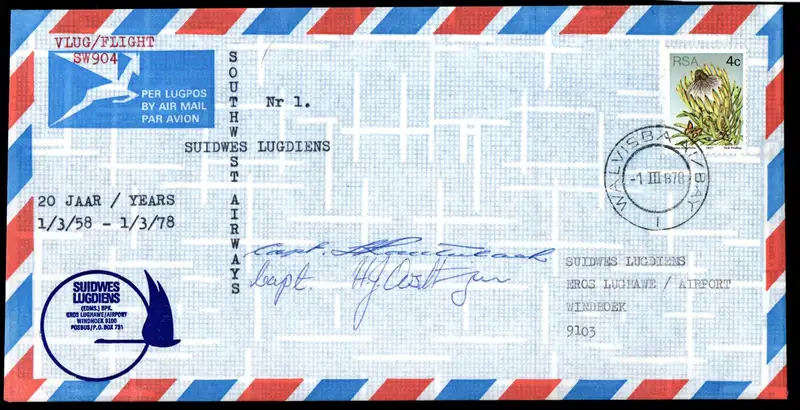 1978 SOUTH WEST AIRWAYS FLIGHT COVER # 1 and 1a, SIGNED BY CAPTAINS