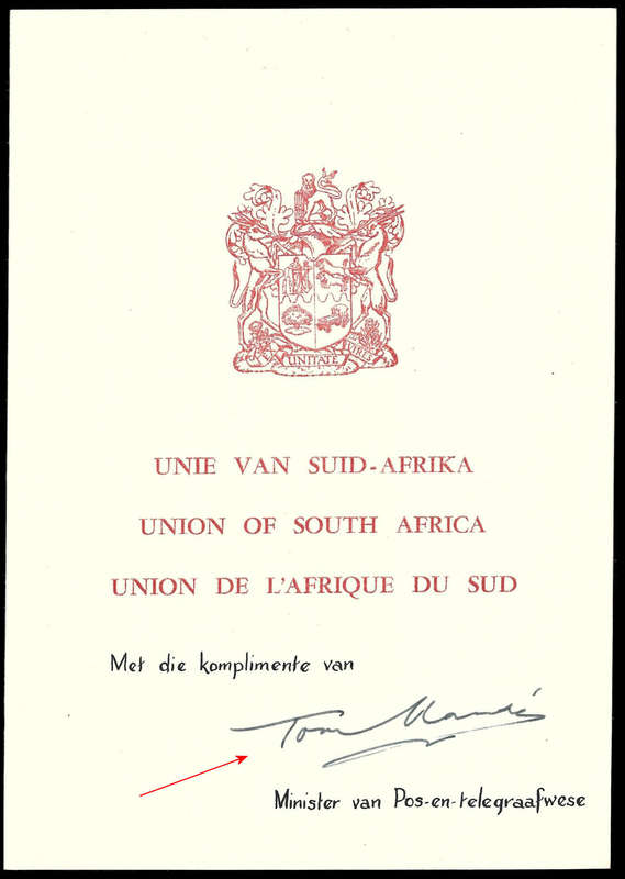 RARE SIGNATURE, Tom Naude, Acting State President of SA, 1967 to 1968